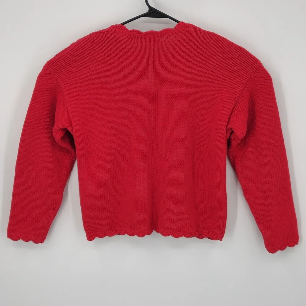 Vtg Red Cable Knit Heavy Cardigan Beaded Floral Academia Button Closure Medium